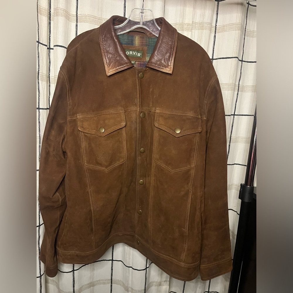 Orvis Suede Button Up Jacket Flannel line Size Large Great condition